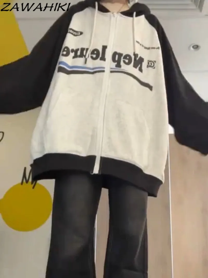 

Осенние новые свободные толстовки zawхиты в стиле пэчворк контрастных цветов, свитшот, Женская Повседневная Уличная одежда в американском ретро стиле с буквенным принтом