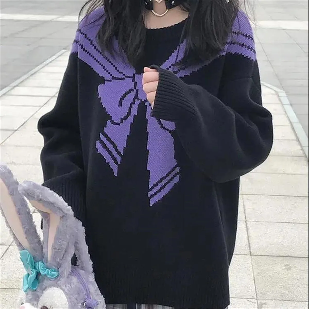 

Black Tie Print Sweater Autumn Kawaii Cartoon Tops Funny Ins Loose Harajuku Plaid Sweater Student Gothic Clothes Tops Girls