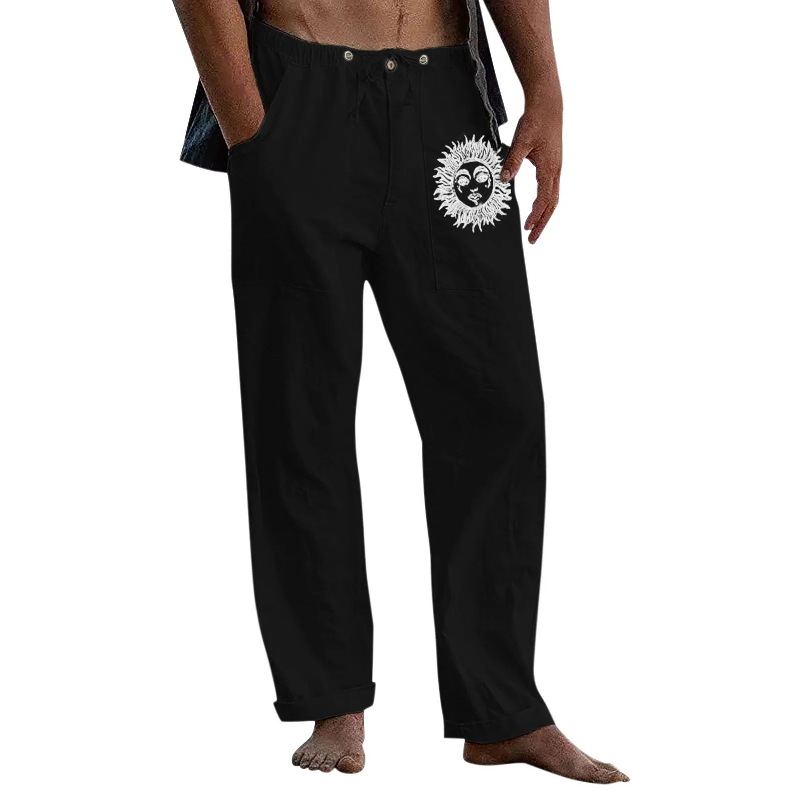 

Male Casual Sun Print Trouser Full Length Button Pocket Drawstring Pant Trouser Relaxed Fit Pants