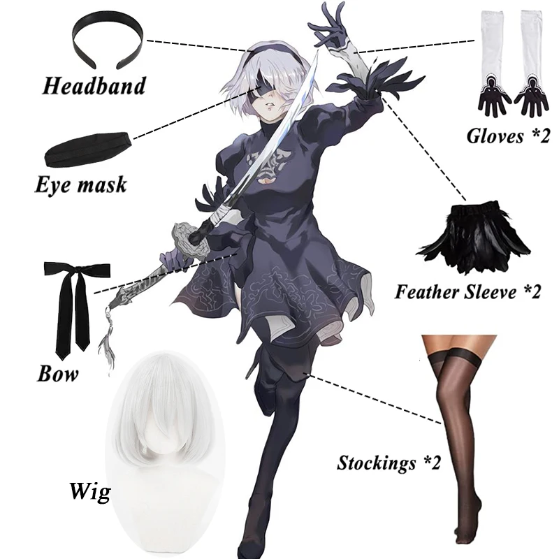 

Костюм для косплея Nier Automata 2b, женские сексуальные платья YoRHa № 2, одежда типа B, Униформа, парик, костюм на Хэллоуин, женский костюм