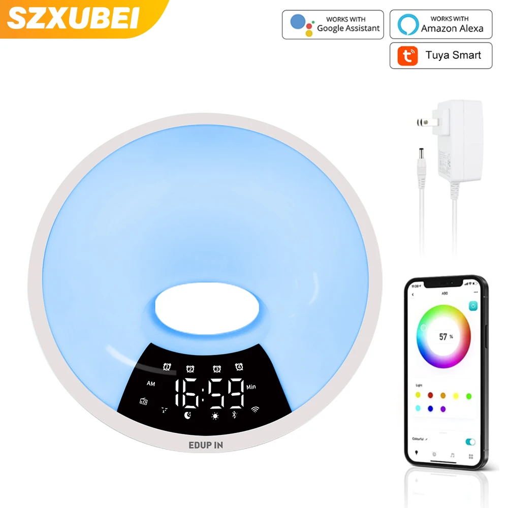 

SZXUBEI Tuya Sunrise Alarm Clock Blutooth Dual Alarm Wake Up Clock Music FM Radio Color Adjustable Sunset Simulation Clock