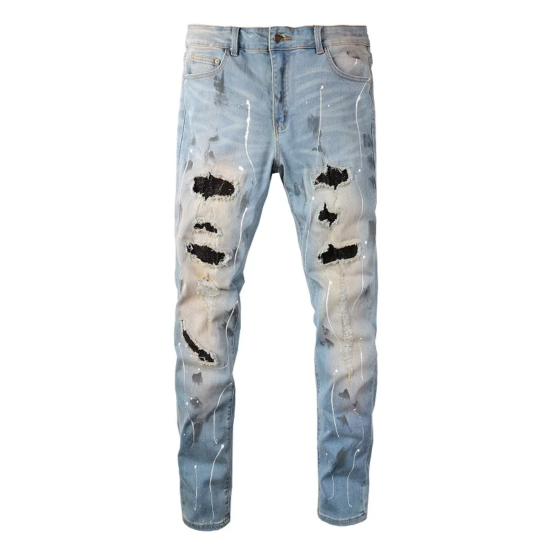 

Men's Distressed Light Blue Streetwear Stretch Skinny Black Rhinestons Destroyed Holes Graffiti High Street Slim Fit Brand Jeans
