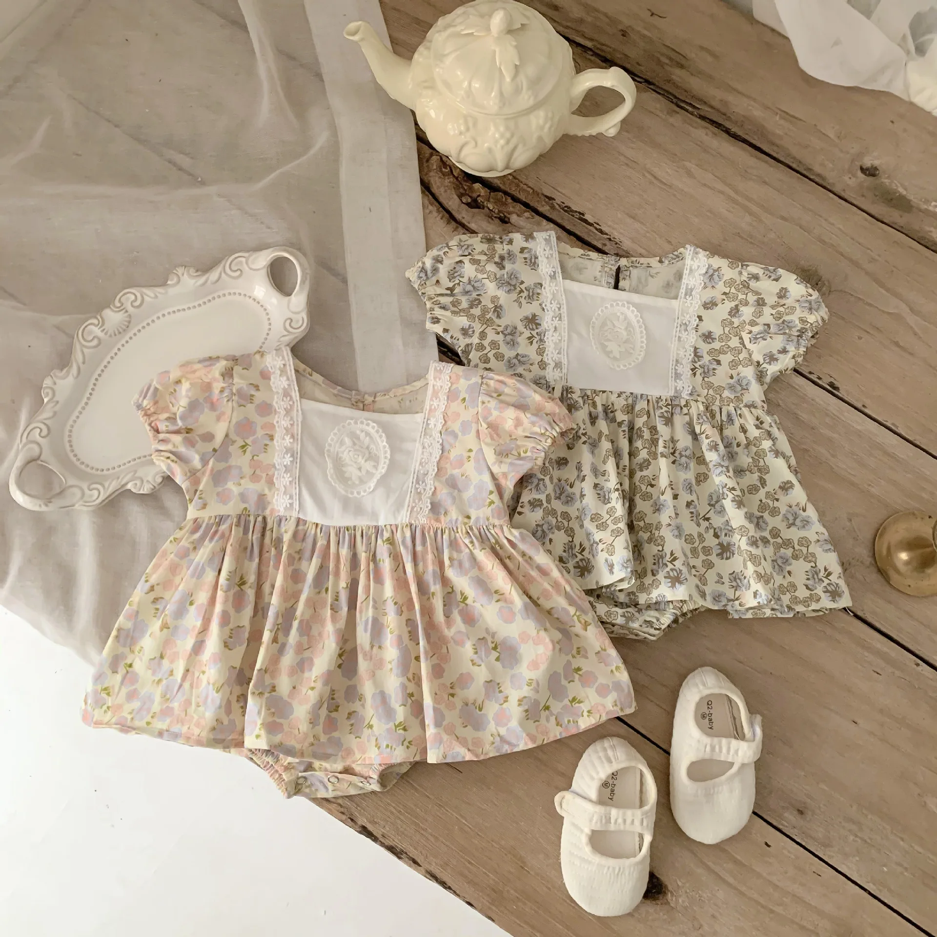 

4756A Baby Clothes Girl's Romper Dress 2023 Summer New Korean Floral Princess Girl's Climbing Clothes Short Sleeve Dress