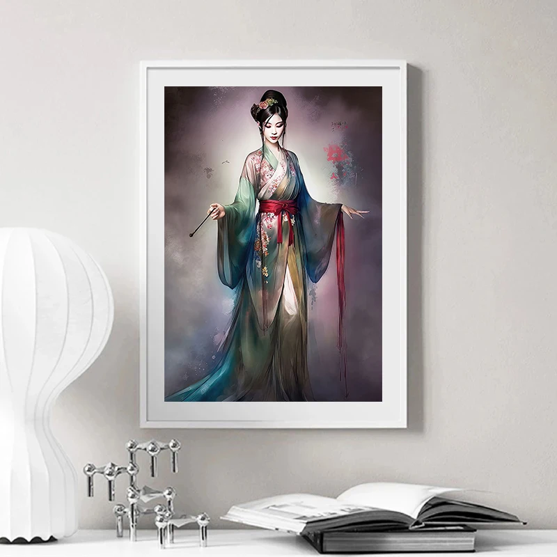 Древние китайские элегантные цветные шелковые постеры Hanfu для девочек Картина на