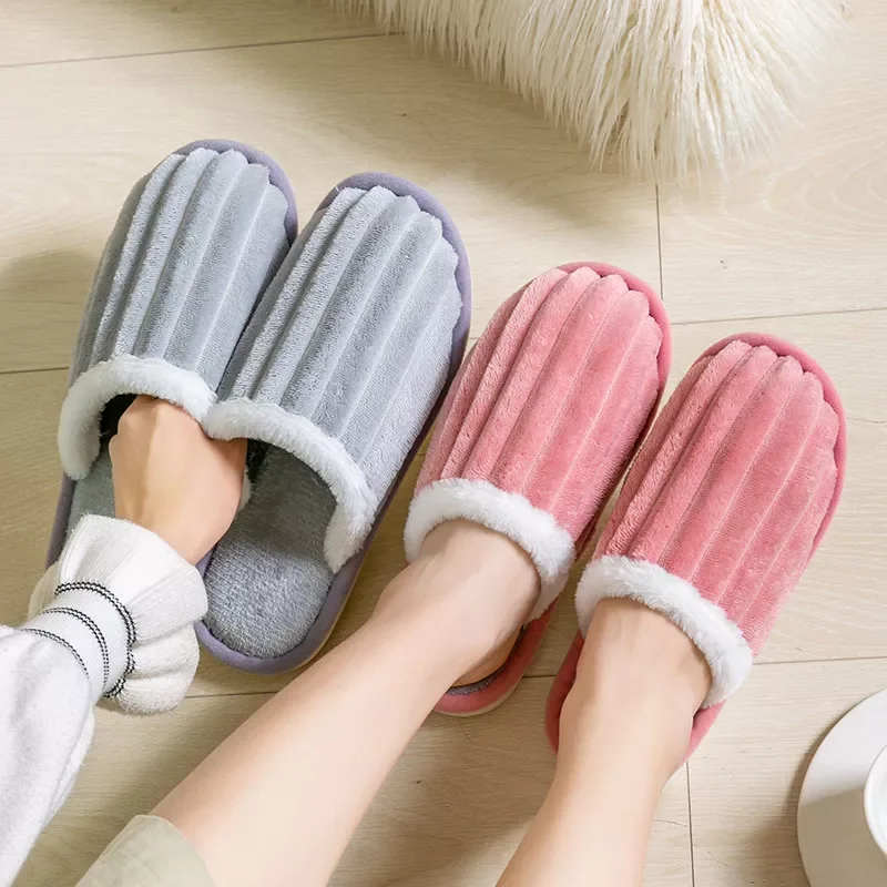 

Autumn Winter New Home Solid Color Cotton Slippers Bedroom Plush Couple Warm Floor Shoes Women's Indoor Soft Bottom Slippers