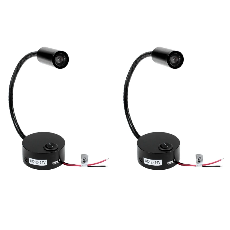 

2X DC 12V Reading Light With USB Charging Port RV Interior Lights Flexible LED Light Fixtures Designed (Black)