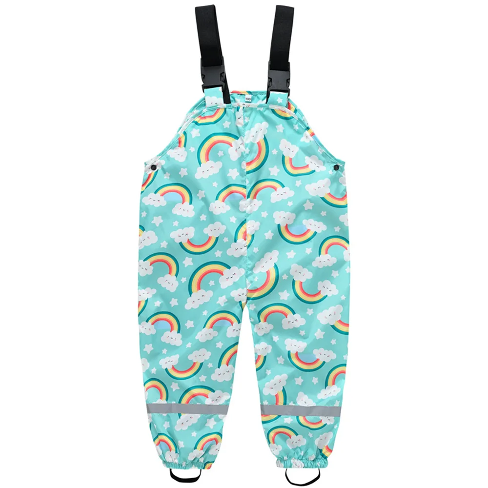

2-11Y Children PU Waterproof Suspender Rain Pants Rainbow Dinosaur Cartoon Print Baby Jumpsuit Boy Girl Outdoor Fashion Overalls