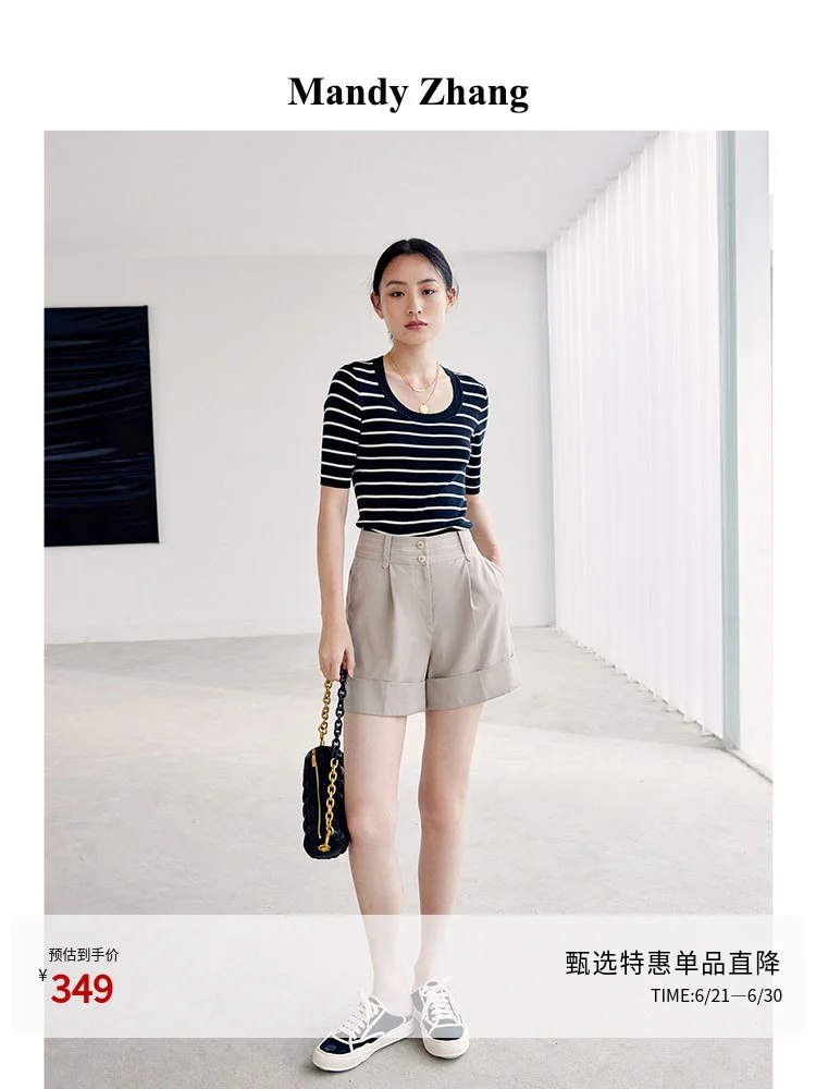

Italian Yarn 100% Silk Knitted Short Sleeve T-shirt Thin U-neck Striped Top Women's Summer