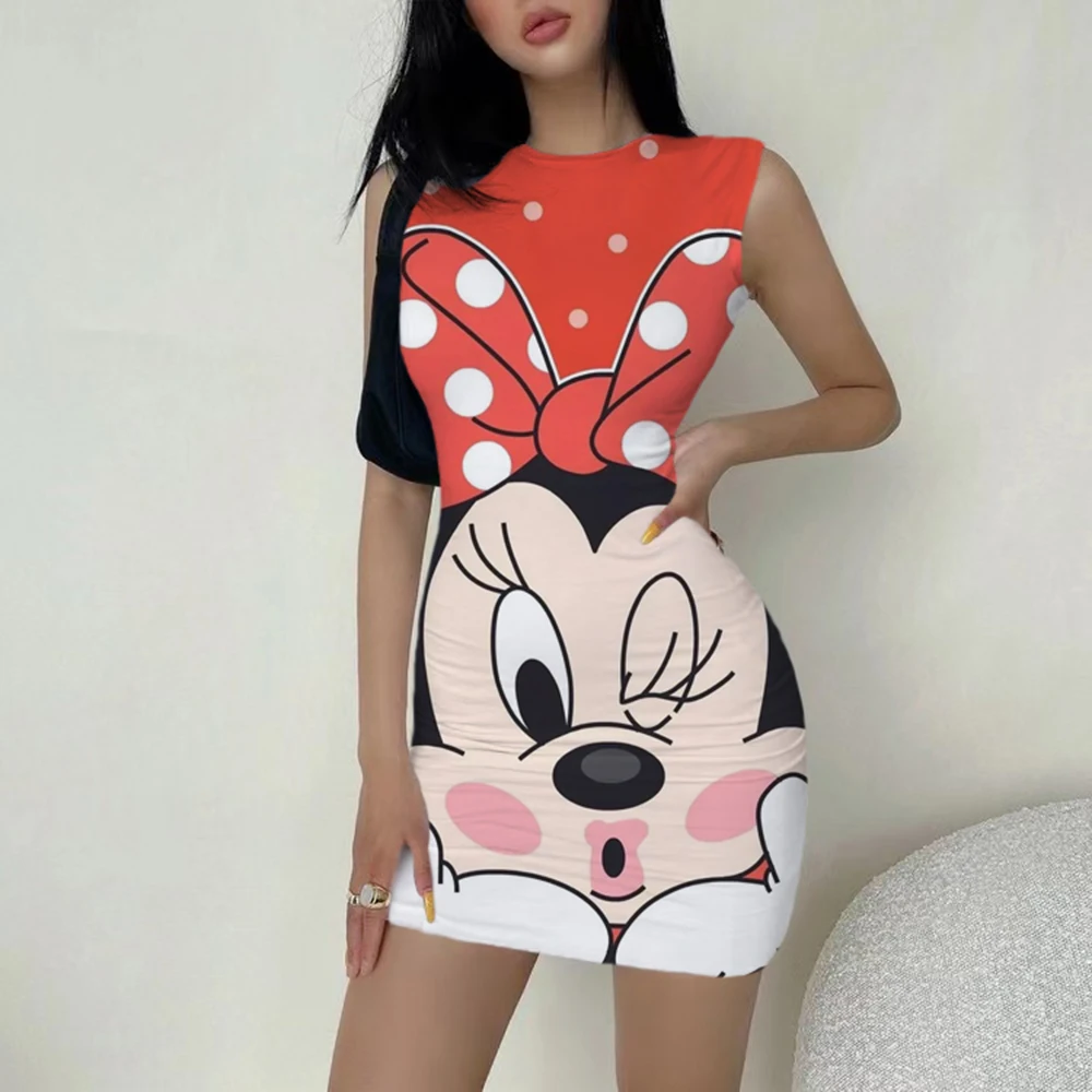 

Women Bodycon Dress Sexy Sleeveless Slim Mini Short Club Dress Stretch Party Sundress Office Lady Disney Minnie Mickey Dress