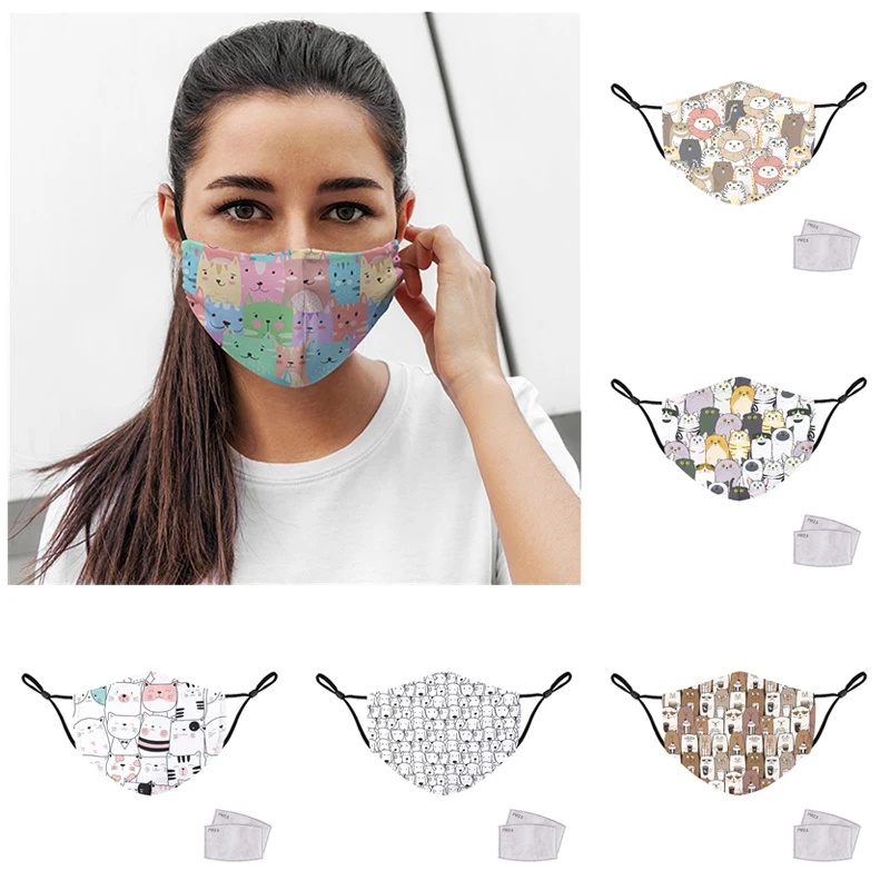 

Cartoon Animals Print Adult Protective Mask Cute Cats Dogs Unisex PM2.5 Filter Air Windproof Reusable Breathable Mouth-Muffle