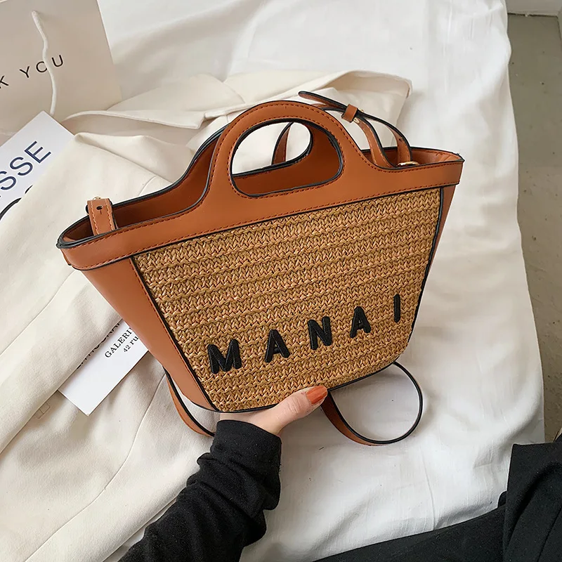 

Splicing Straw Basket Bag Women Shoulder Bag PU Beach Designer Bags for Women Bohemian Rattan Crossbody Bags Clutch Purse 2022