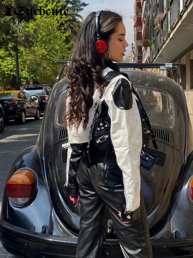 SUCHCUTE Racing Black White Contrast Patchwork Leather PU Jackets Motorcycle Long Sleeve Bomber Jacket Zipper Moto Biker Clothes