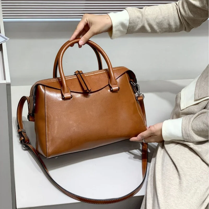 2024Новые женские сумки из натуральной кожи масляная восковая сумка воловьей