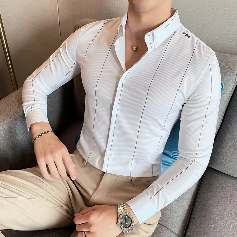 Striped Men's Shirts 2021 Autumn Embroidery Long Sleeve Casual England Business Shirt Slim Streetwear Social Party Male Clothing