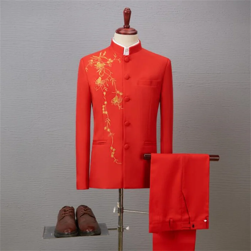 

Embroidered blazers mens Chinese tunic suit stand collar costume hommes stage chorus performance singer host dress red white
