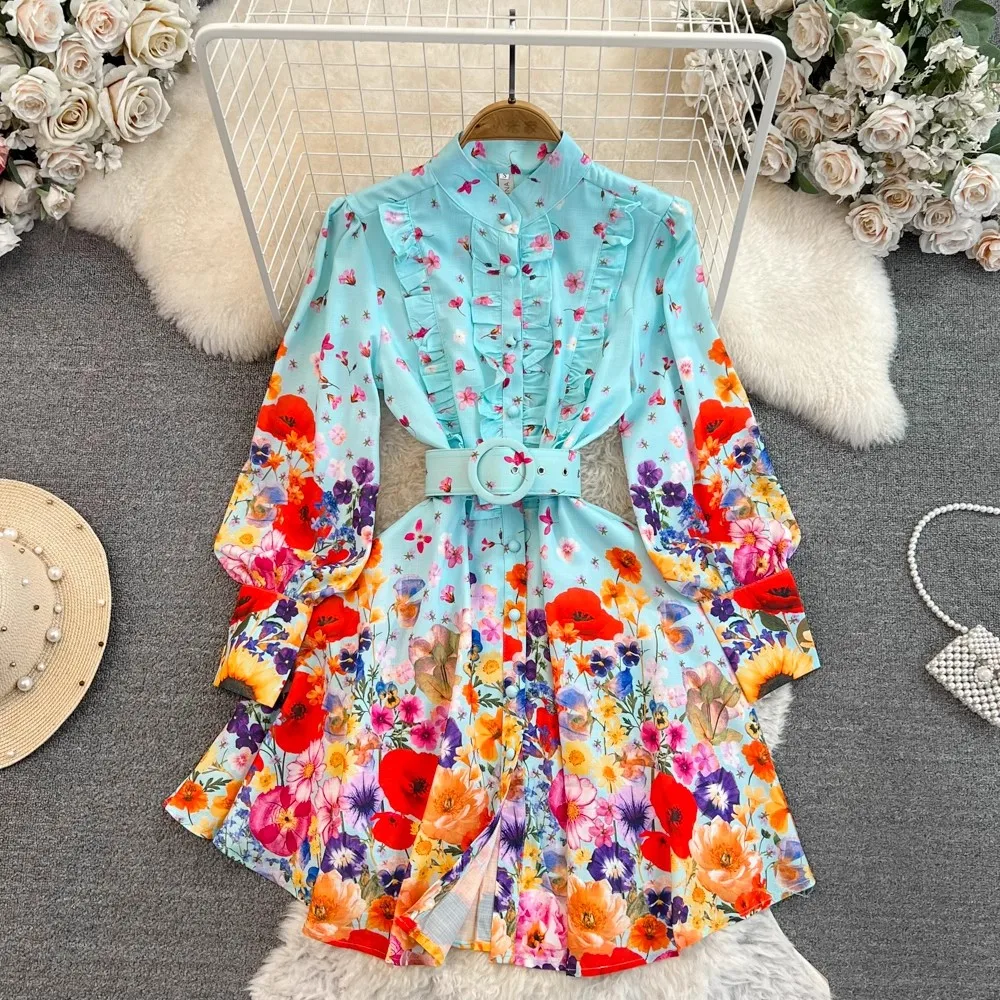 

Brand Runway Mini Dress Summer Cute Women Luxury Ruffles Floral Print Lantern Sleeve Short Dress Party Vestidos Robe Femme