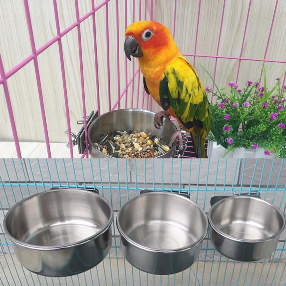 Pet Birds Hanging Cage Bowl Dish Cup Anti-turnover Bird Feeder Stainless Steel Feeding Food Water Drinking Feeder Bowl Parakeet