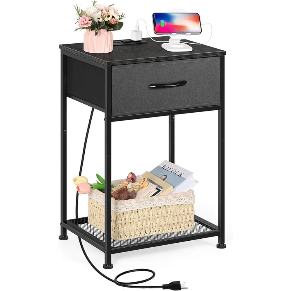 Black Night Stand with Charging Station Bedroom Nightstand with Fabric Drawer Small Bedside Table End Table