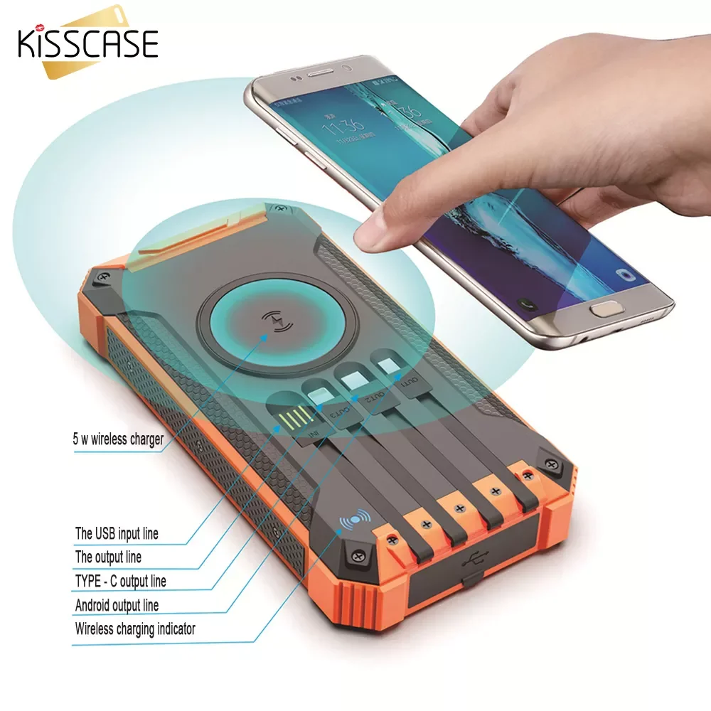 

2023New KISSCASE Powerbank 20000mAh Mobile Phone Wireless Power Bank For Xiaomi Universal Solar Power Bank With 4 Lines For iPho