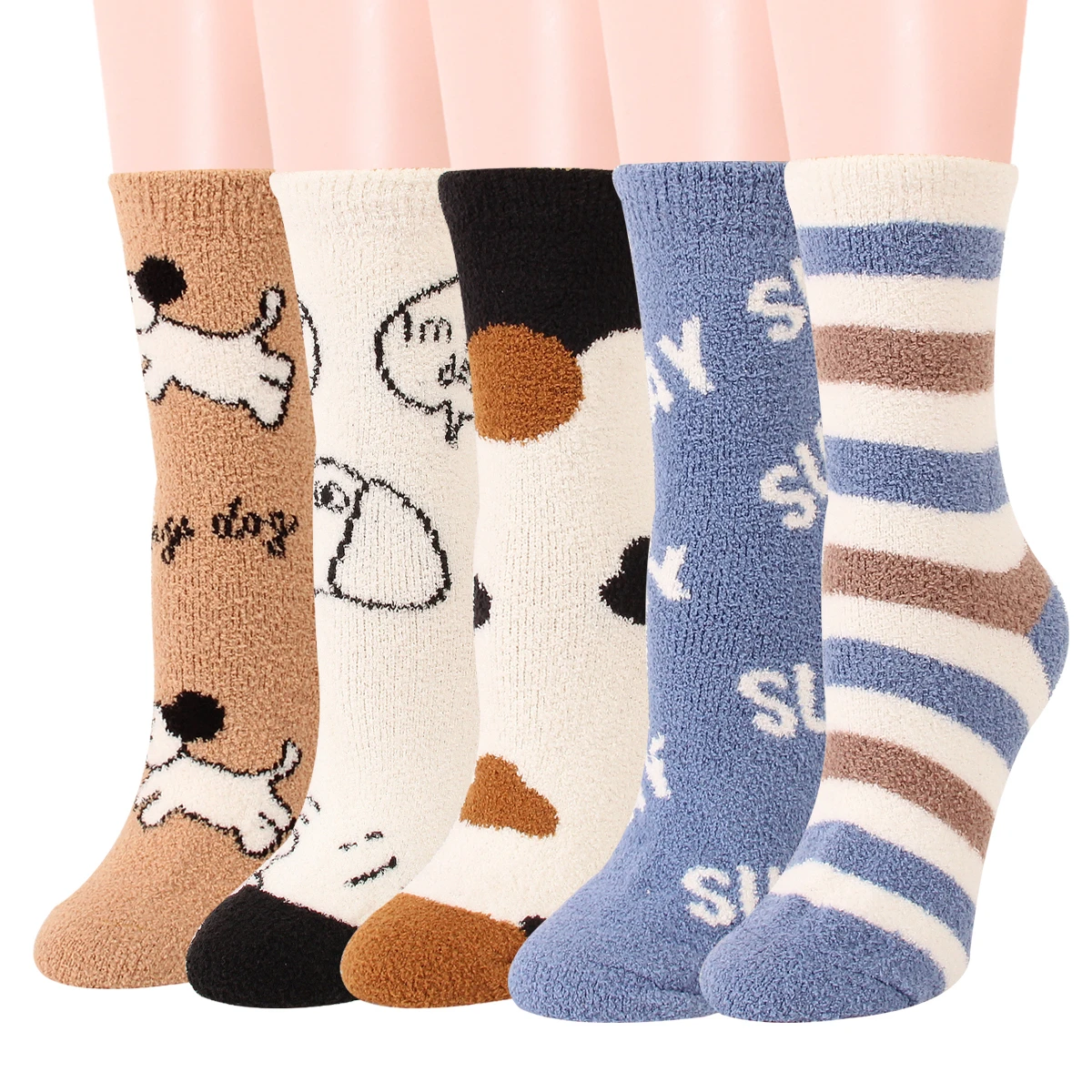 

5 Pairs Of Winter Lovely Jacquard x Dog Coral Velvet Soft And Comfortable Women's Socks Casual Sleep Women's Stockings