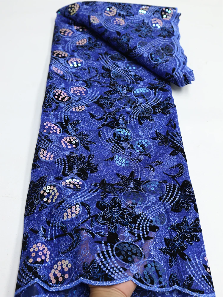 

Королевский синий нигерийский вышитый сетчатый кружевной материал 2022 высокое качество французское кружево с блестками африканские бархатные кружевные ткани для платья