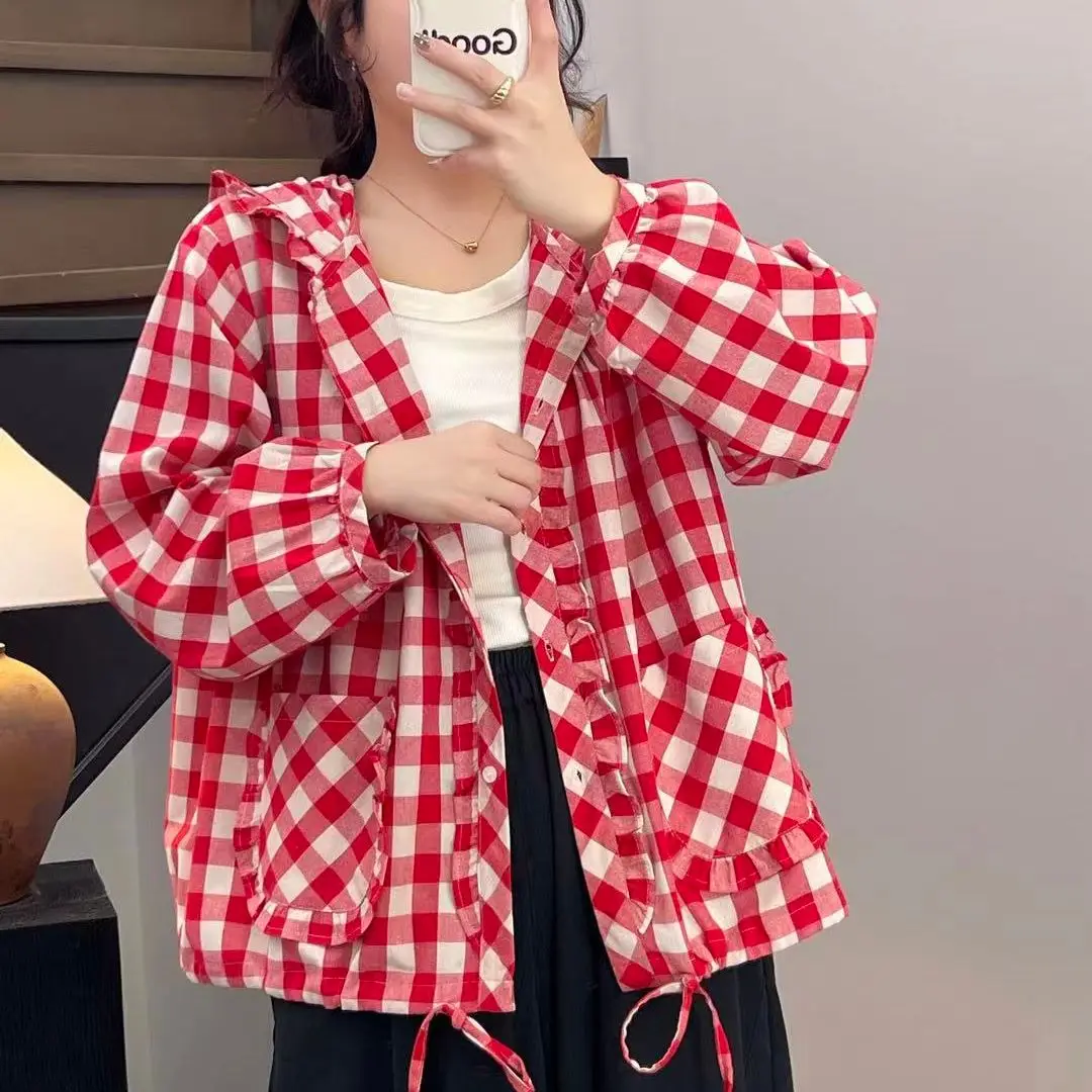 

Женская клетчатая толстовка с капюшоном, в японском стиле, с длинным рукавом и пуговицами