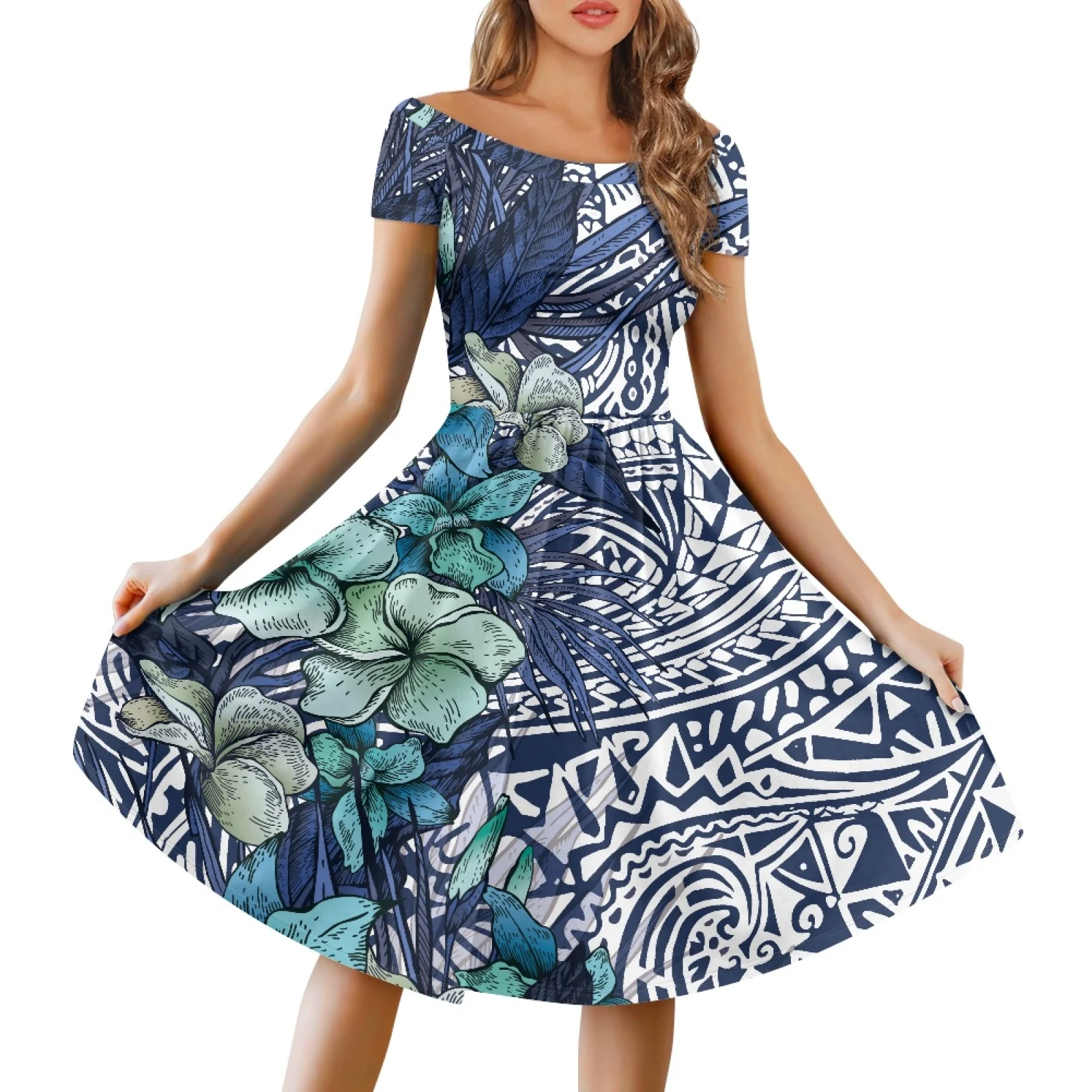 

Polynesian Tribal Fijian Totem Tattoo Fiji Prints Fashion Round Neck Off-The-Shoulder Dress Birthday Party Hibiscus Print Dress