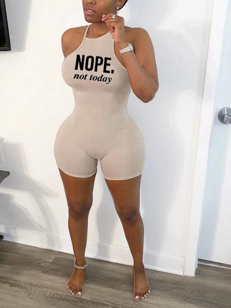

Letter Print Skinny Spaghetti Strap Sleeveless Woman Rompers Casual Off The Shoulder Backless Sportswear Workout Jumpsuit Body