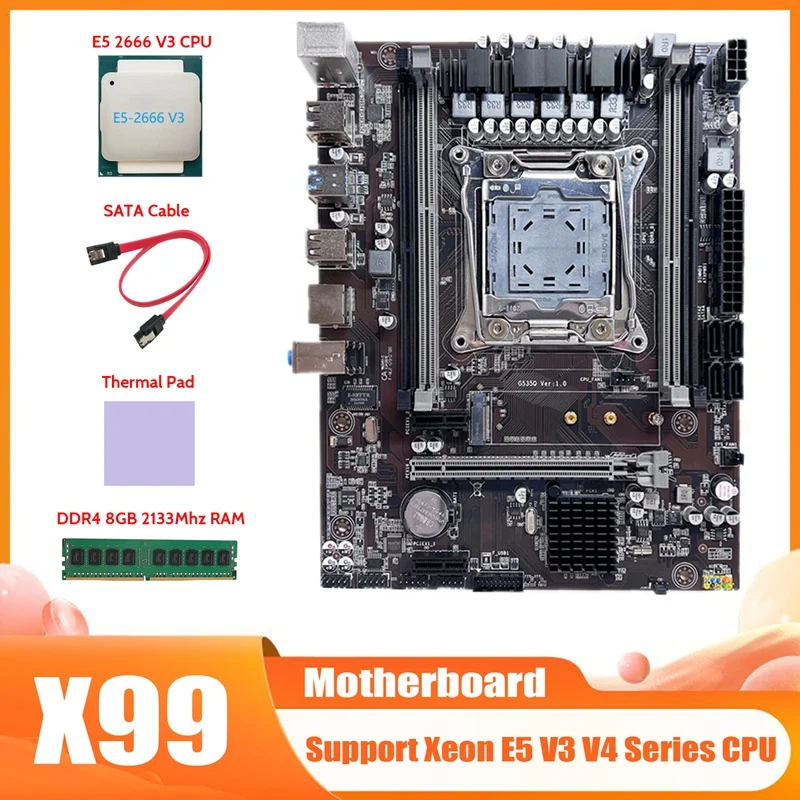 

X99 Motherboard LGA 2011-3 Computer Motherboard With E5 2666 V3 CPU+DDR4 4GB 2133 Mhz RAM+SATA Cable+Thermal Pad