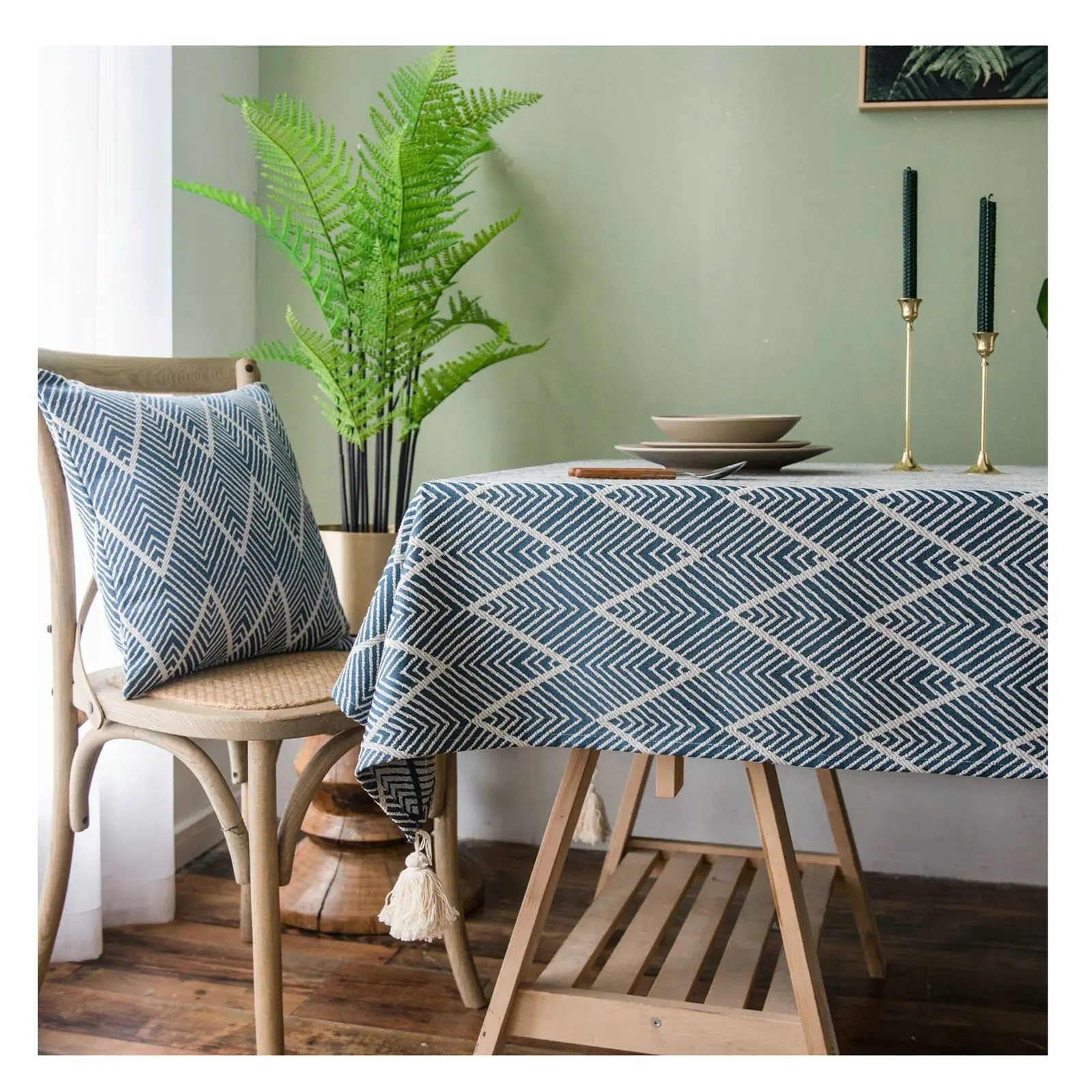 

Скатерти из полиэстера, водонепроницаемые чехлы для стола с кисточками и полосками, темно-синее украшение для обеденного стола, журнальног...