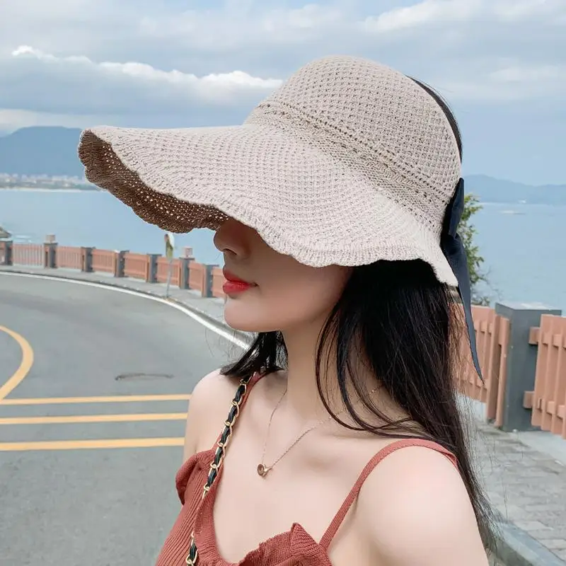 K345-Empty Top Sunshade Hat Female Summer Sunscreen Sun Fisherman Straw hat Folding Bow Mask Face Curly Big Brim Hat