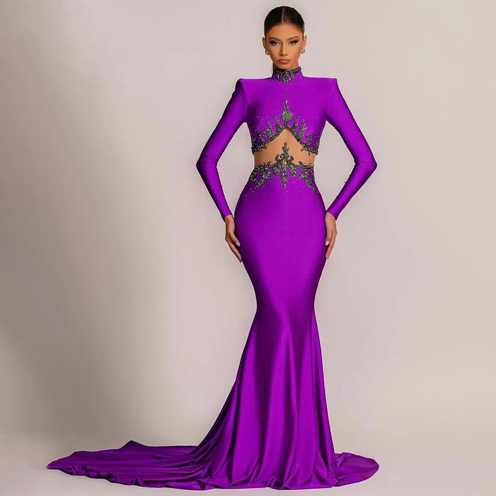 

Mermaid Evening Dress Luxury Long Sleeves Purple Women's Evening Gowns Beading High Collar Illusion Sexy Prom Party Dresses 2023