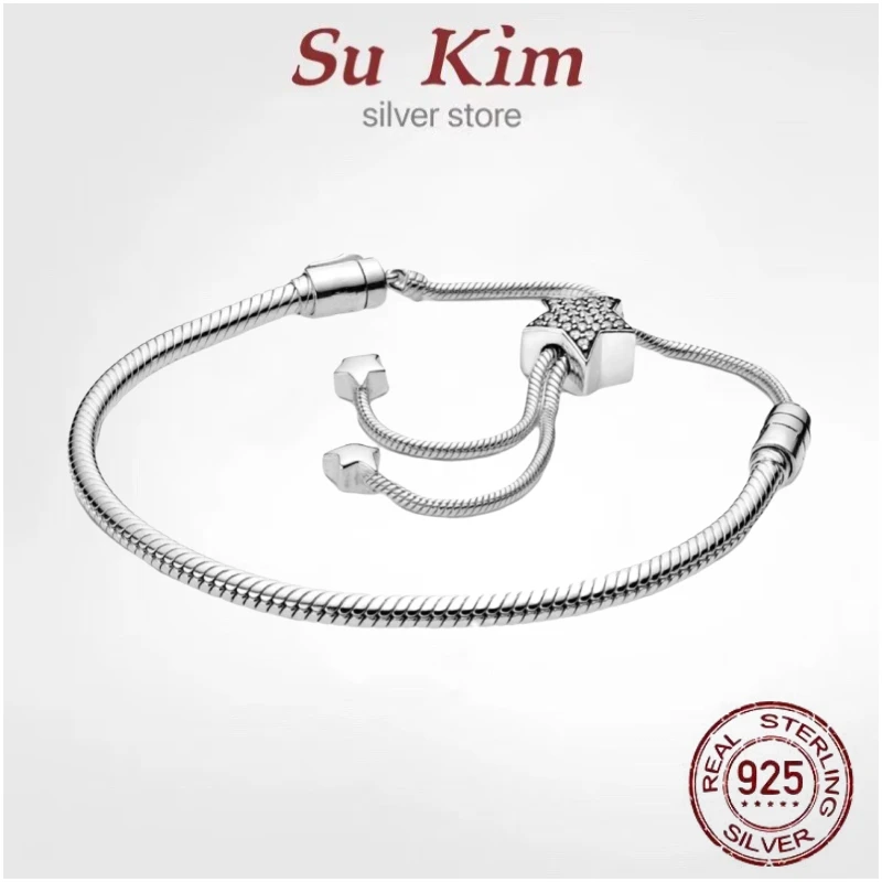 

Hot sale Luxury Original 100% 925 Sterling Silver Snake Chain pan Bracelet Bangle for Women fashion Authentic DIY Charm Jewelry
