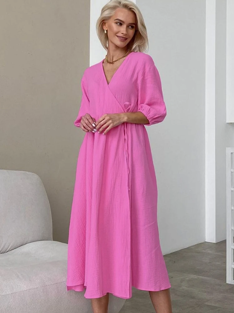 Simple V Neck Dress Women 2023 Summer Lightweight Loose Lace Wrap Long Dresses for Women's Solid Color Casual Dress