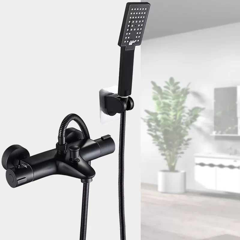 

Black Thermostatic Bathtub Faucet Wall Mounted Two Function Bathroom Tap Lead-free Brass Body Easy To Install