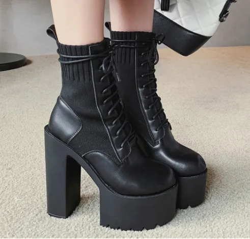 

New Fetish Platform Boots Woman Sexy Chunky Heel Front Lace Up Sock Boots Women Ankle Boots Thick Heel Shoe Black Design