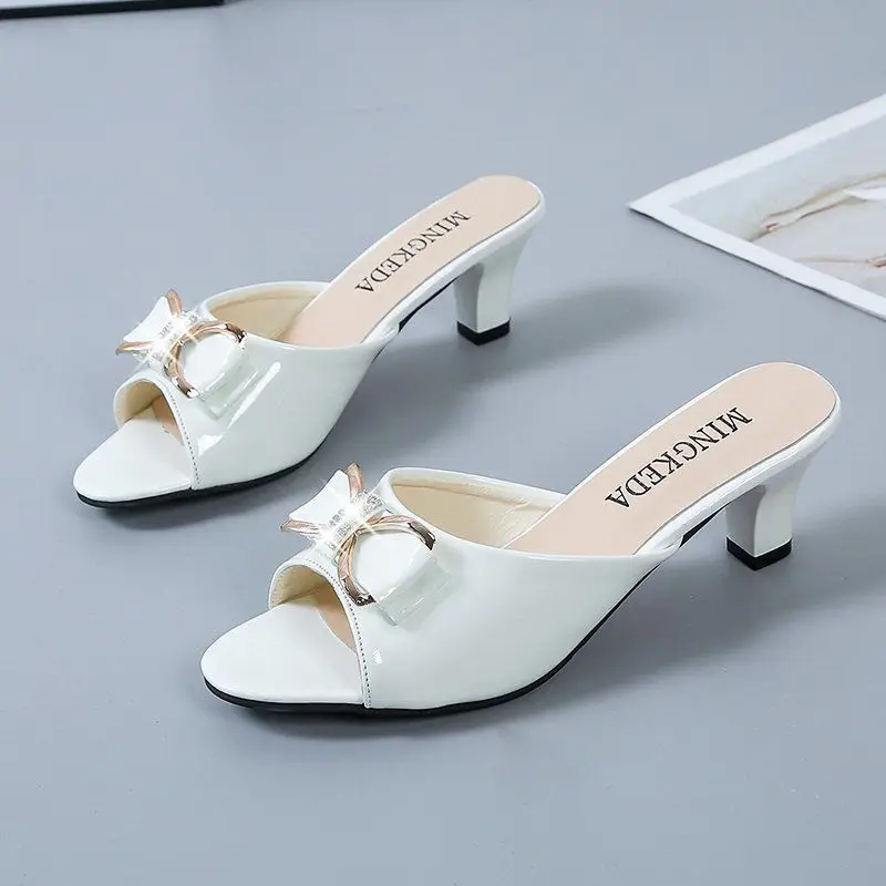 

Ladies Classic Beige High Quality Slip-On High Heels Korean Fashion Fish Mouth Slippers Versatile Bow Stilettos Large Size 2022