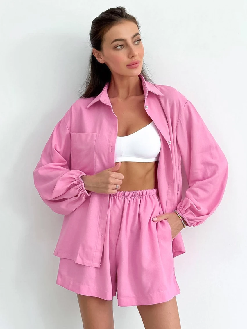 

Marthaqiqi Cotton Pink Ladies Nightwear 2 Piece Suit Long Sleeve Nightgown Turn-Down Collar Pajama Shorts Home Clothes For Women