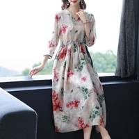 2022 new fashion women floral print linen dress v neck 34 sleeve long vestidos summer party bohemian sundress