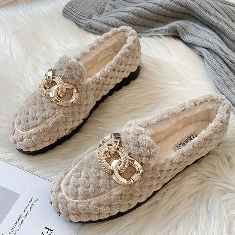 Fashion Chain Design Winter Warm Women's Plush Flat Shoes Outdoor  Loafers Office Wear Home Snow Boots Large Size 41-43 shoes