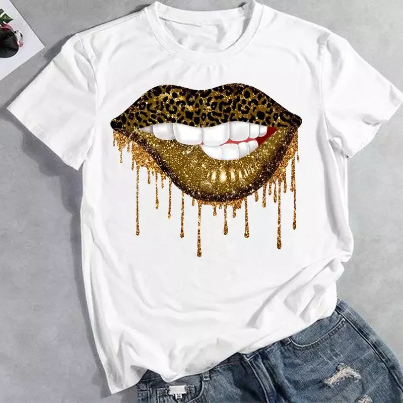

2023New O-neck Print Tops Lip Sweet Sexy Trend Short Sleeve Summer Fashion Lady Clothes Tees Female Ladies Tshirt Graphic T-Shir