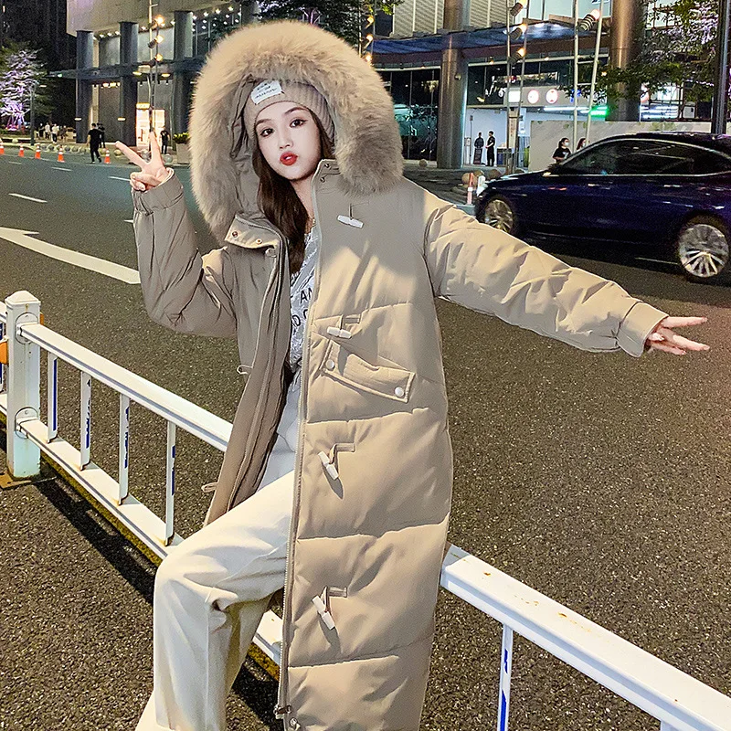 2022 Winter New Women Long Over-the-knee Down Jacket Design Single-breasted Plus Velvet Warm Big Fur Collar Black Hooded Coats