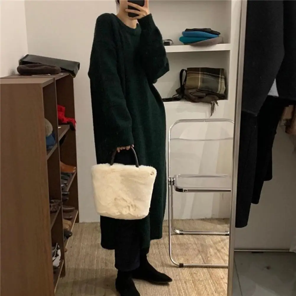 

Women O-Neck Long Sleeve Solid Color Loose Fit Pullover Sweater Autumn Winter Side Split Midi Sweater Dress Female Clothing