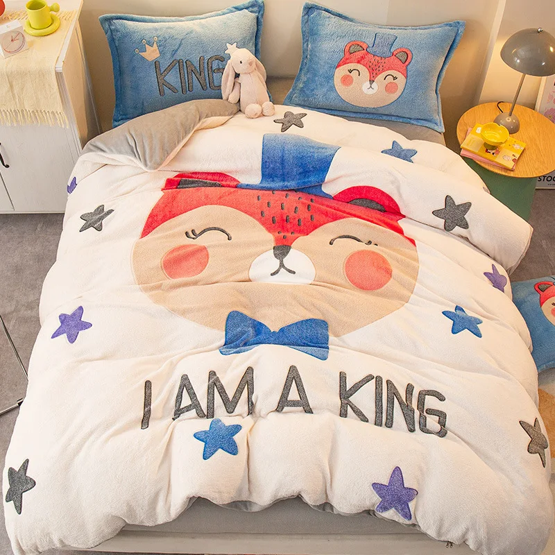 

Girls Bedding Set Kawaii Cartoon Duvet Cover Bed Sheet Pillowcase Set Winter Velvet Coral Fleece King Queen Size Home Textile