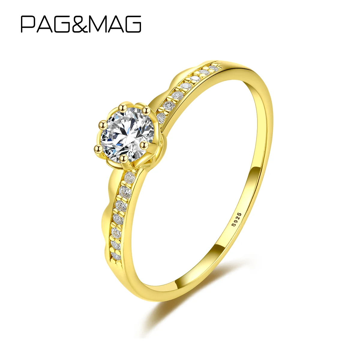 

PAG&MAG 925 Sterling Silver Imitation Diamond Rings 14k Gold Color Zircon Crown Wedding Band Anniversary Rings Fine Jewelry