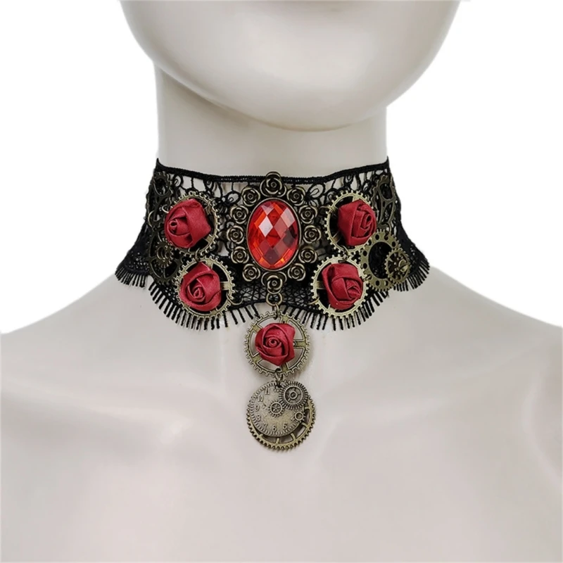 

Gothic Lace Floral Choker for Women Choker Handmade Collar with Rose Gears for Bachelorette Party Wedding