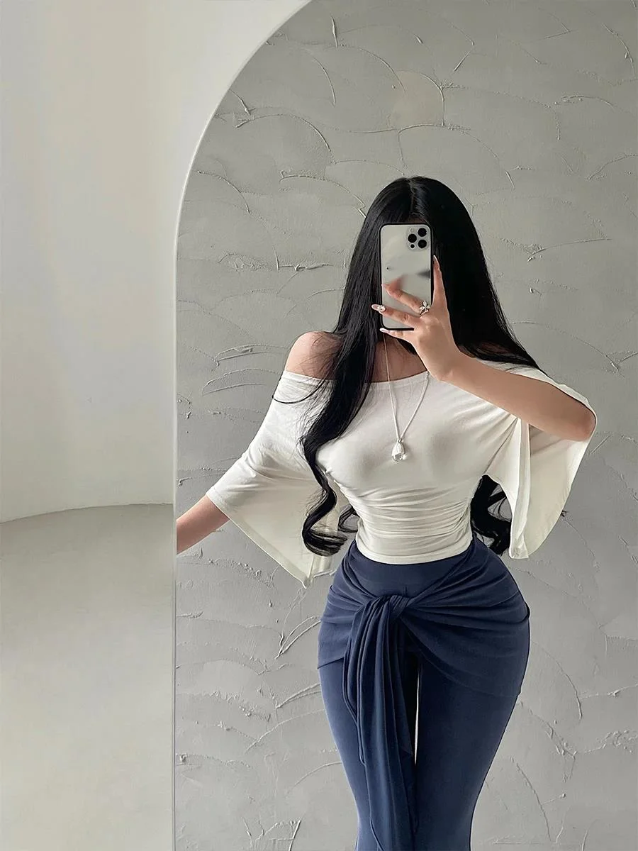 Desire Сексуальная футболка с откидным воротником на одно плечо морщинистая