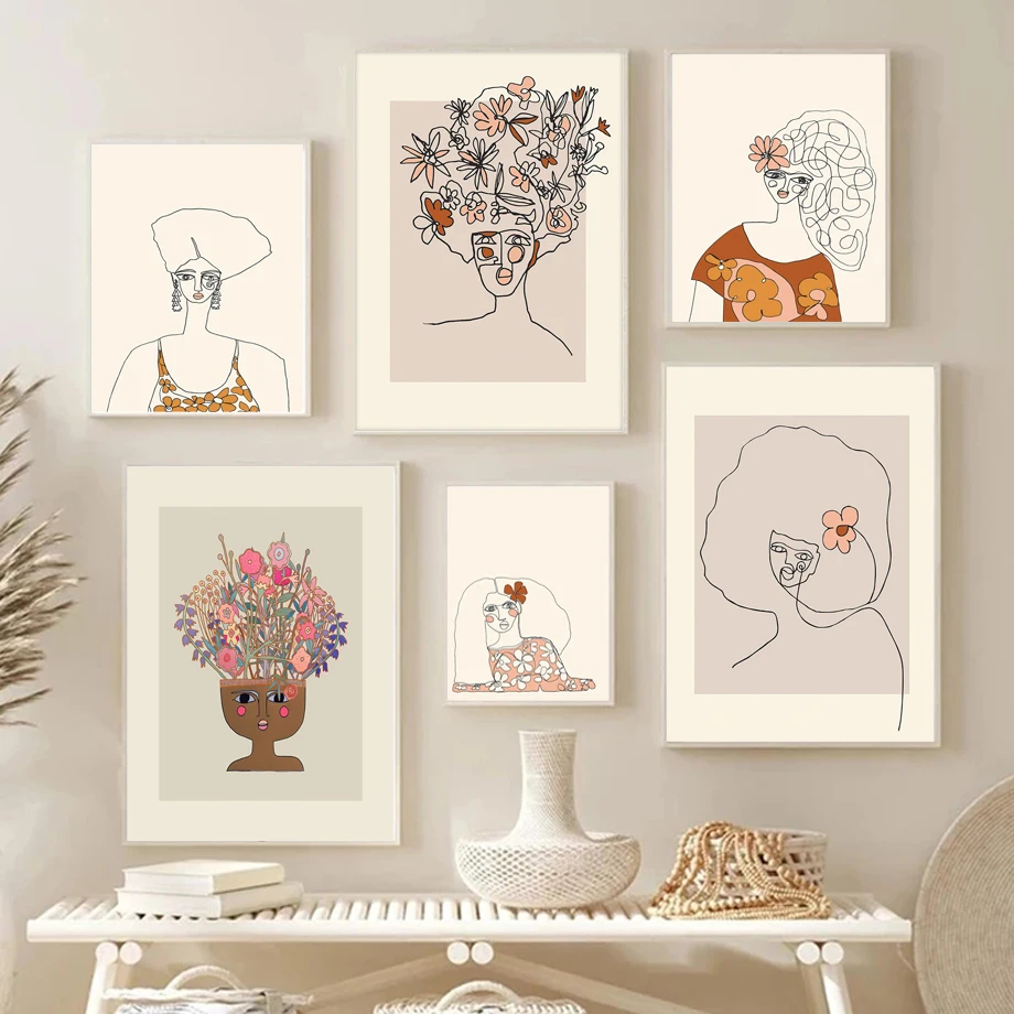 

Abstract Boho Line Girl Flower Wall Art Canvas Painting Nordic Aesthetic Posters And Prints Wall Pictures For Living Room Decor