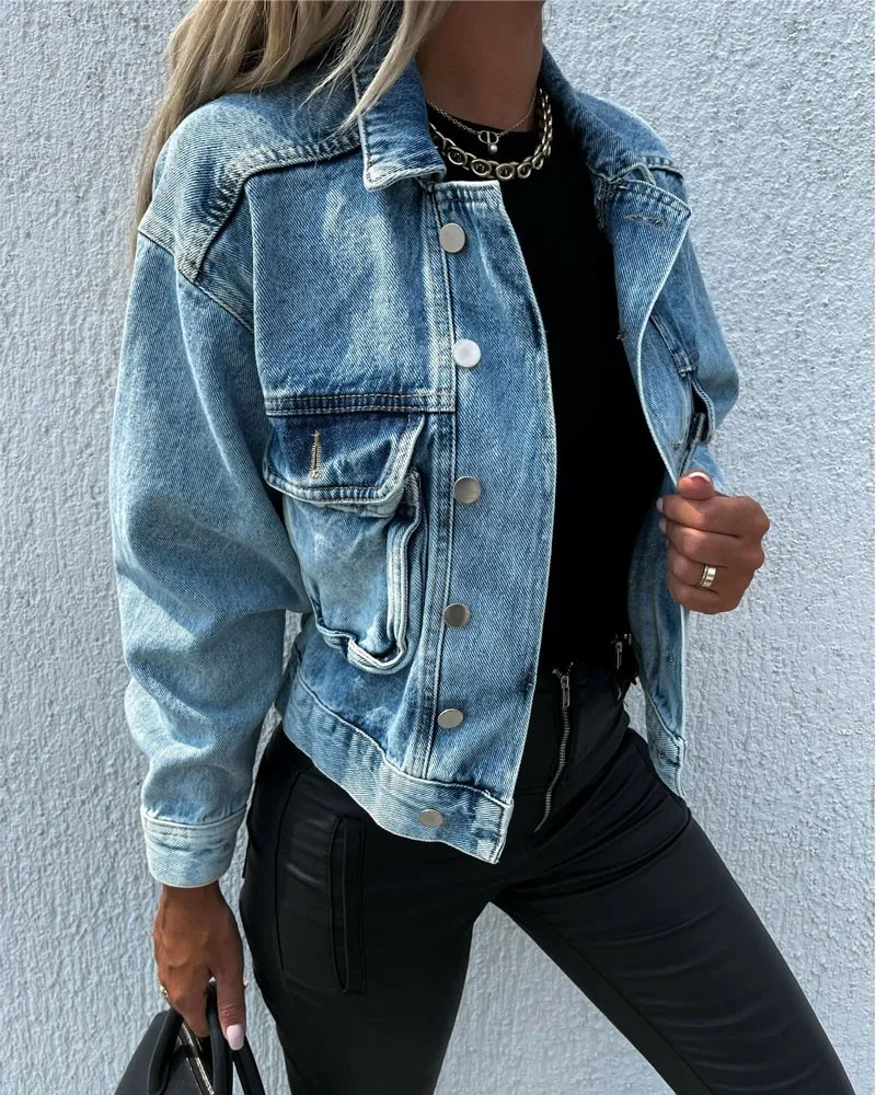 

Autumn 2022 women's denim jacket new fashion pocket button denim jacket women's slim jacket