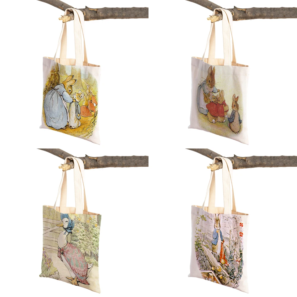 Cute Cartoon Rabbit Children Tote Handbag Reusable Fashion  Bunny Animal Double Print Casual Canvas Cloth Shopping Shoulder Bag images - 6